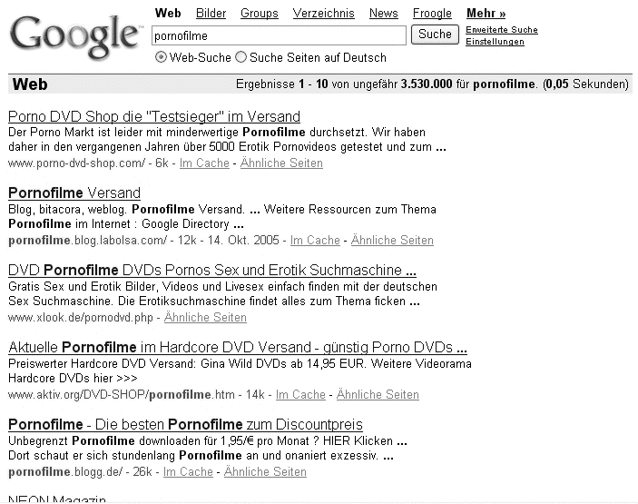 Pornofilme bei Google - Platzierung aus der Vergangenheit